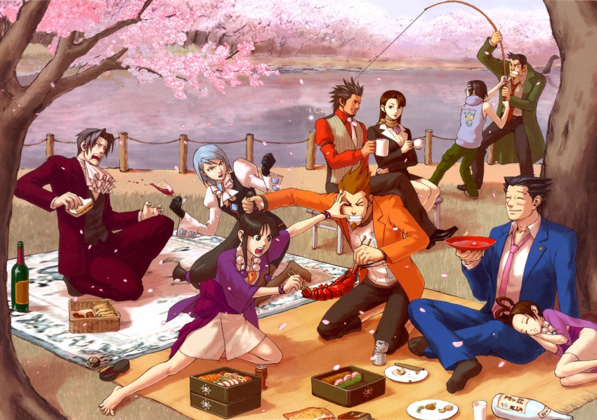 ace_attorney ayasato_harumi ayasato_mayoi barefoot cherry_blossoms dick_gumshoe diego_armando edayan edited everyone franziska_von_karma gyakuten_saiban highres itonokogiri_keisuke kaminogi_souryuu karuma_mei larry_butz magatama maya_fey mia_fey miles_edgeworth mitsurugi_reiji naruhodou_ryuuichi official_art pantyhose pearl_fey phoenix_wright picnic suzuki_mako time_paradox yahari_masashi