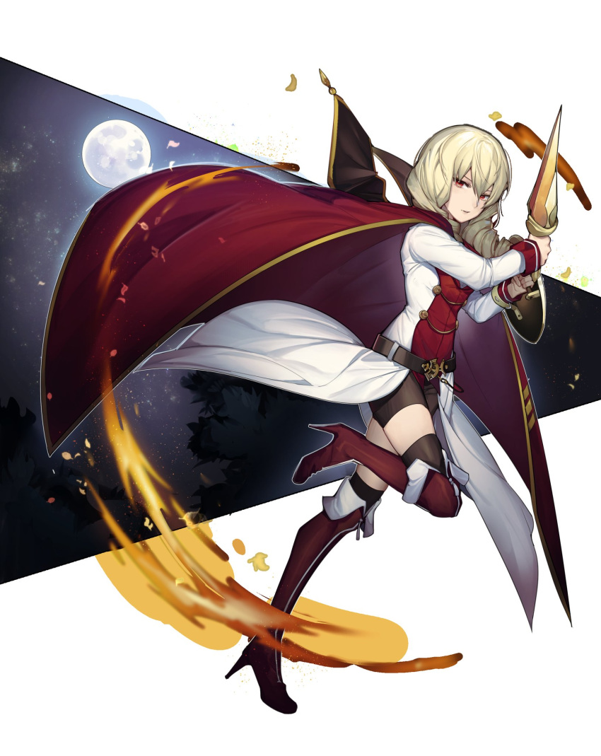 1girl belt belt_buckle bike_shorts black_legwear blonde_hair boots buckle buckler cape coattails commentary drill_hair erika_wagner fire full_body full_moon high_heel_boots high_heels highres holding holding_shield holding_sword holding_weapon looking_at_viewer medium_hair moon nvalee red_cape red_eyes red_footwear second-party_source shield short_sword solo stiletto_heels sword textless thigh-highs thigh_boots thighhighs_under_boots twin_drills under_night_in-birth under_night_in-birth_exe:late[st] uniform weapon