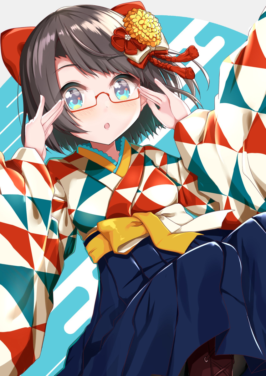 1girl absurdres alternate_costume bangs bespectacled black_hair blue_eyes blush borumete bow commentary_request flower glasses green_eyes hair_bow hair_ornament highres hololive japanese_clothes looking_at_viewer new_year oozora_subaru short_hair solo virtual_youtuber
