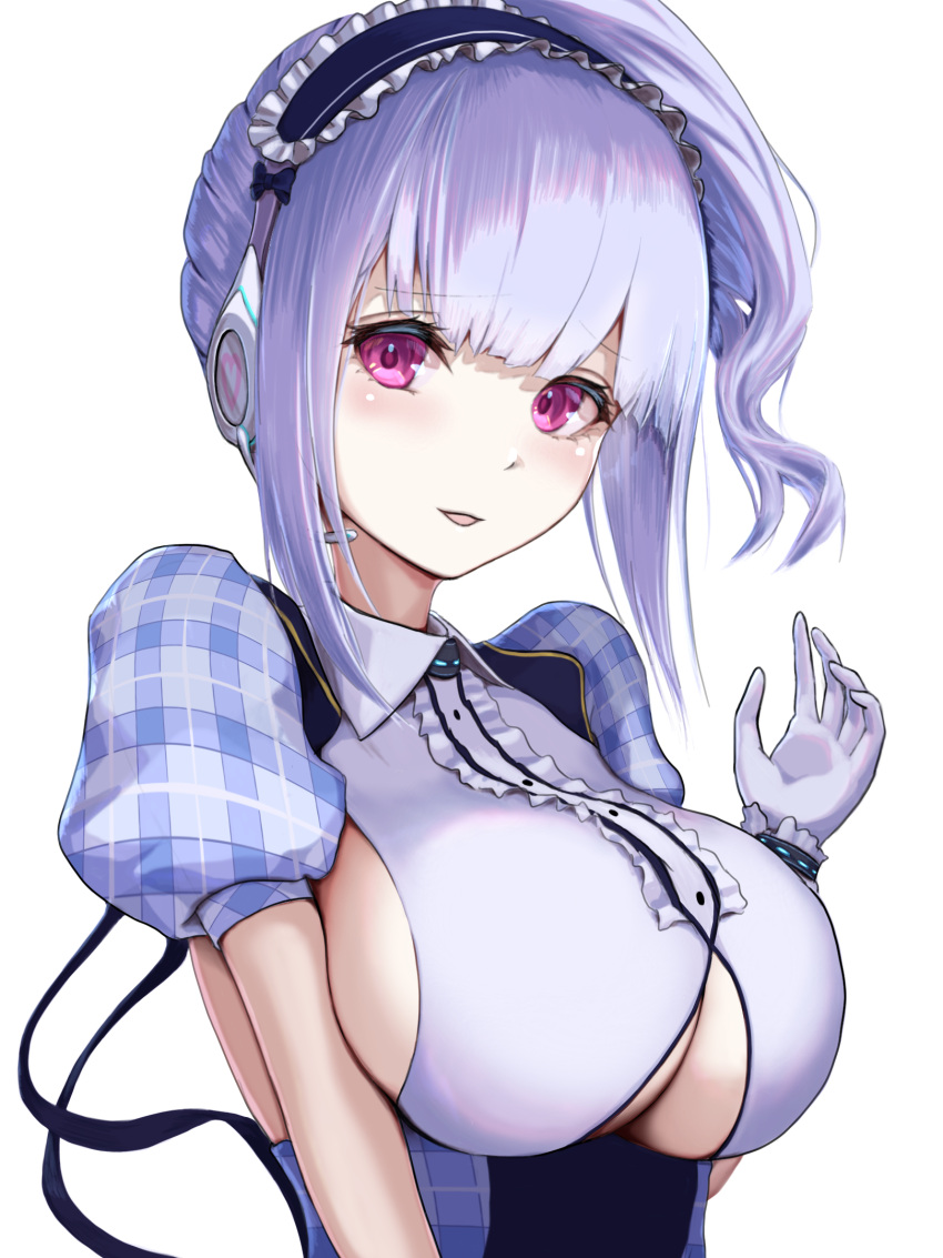 1girl azur_lane breasts center_frills clothing_cutout dido_(azur_lane) dido_(muse)_(azur_lane) dress frills gloves headphones highres large_breasts light_purple_hair long_hair looking_at_viewer plaid plaid_dress short_sleeves side_ponytail sideboob simantiu simple_background solo two-tone_dress under_boob underboob_cutout upper_body violet_eyes white_gloves wing_collar