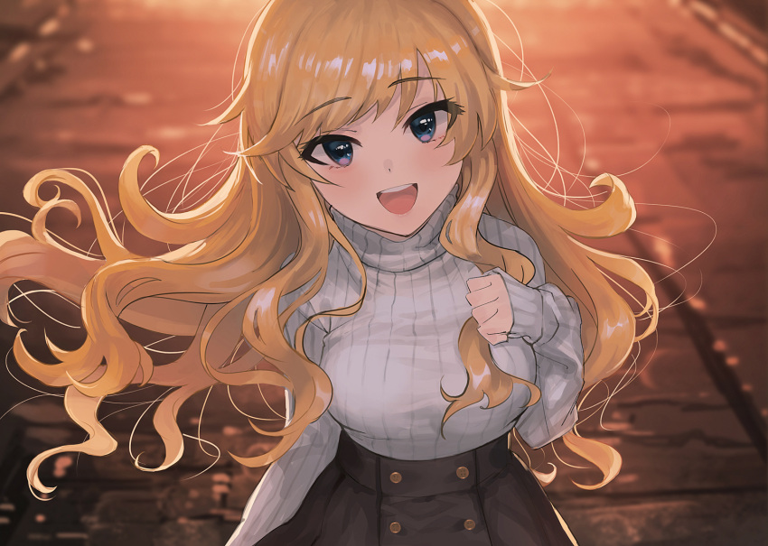 1girl :d arm_at_side backlighting bangs black_skirt blonde_hair blue_eyes blush breasts day eyebrows_visible_through_hair grey_sweater hand_on_own_chest highres idolmaster idolmaster_cinderella_girls long_hair long_sleeves looking_at_viewer medium_breasts ootsuki_yui open_mouth outdoors road ryokucha_manma skirt sleeves_past_wrists smile solo street sunlight sweater swept_bangs turtleneck turtleneck_sweater upper_body very_long_hair wavy_hair