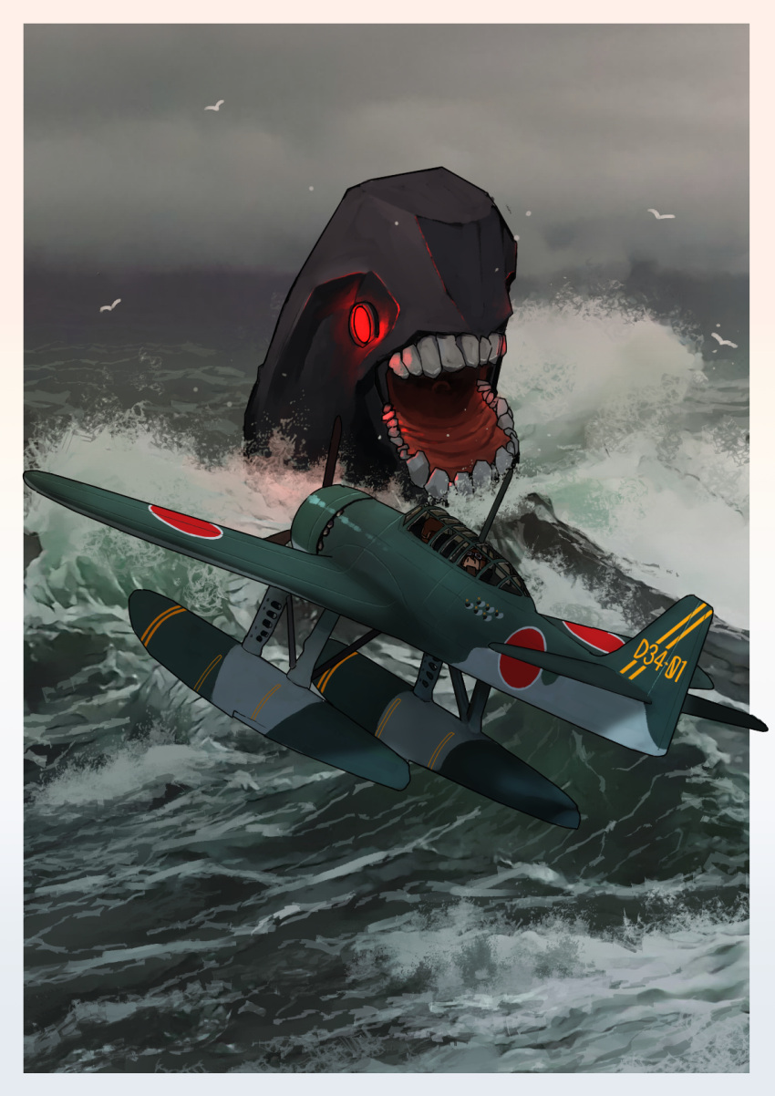aircraft airplane black_eyes e13a fairy_(kantai_collection) flying glowing glowing_eye highres i-class_destroyer kaijuu kantai_collection looking_back ocean open_mouth red_eyes seaplane timmyyen vehicle_focus