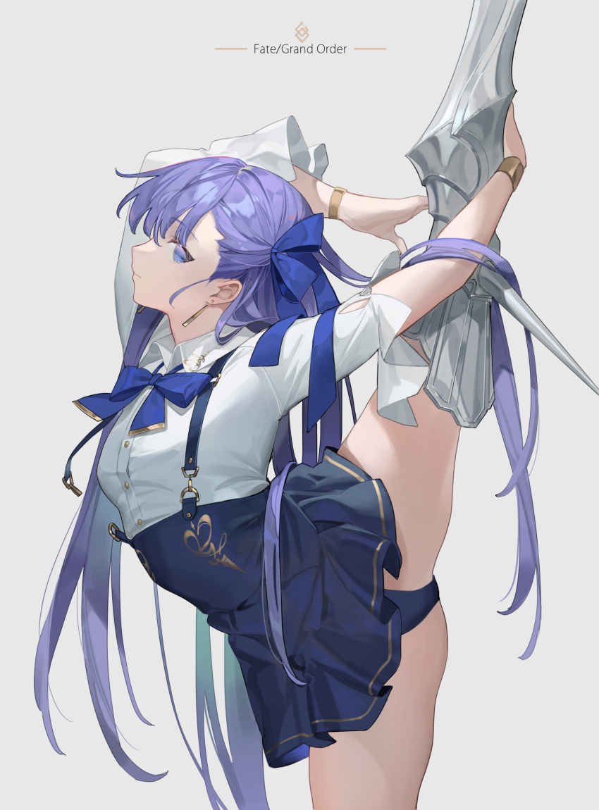 1girl absurdres bangs blue_eyes blue_neckwear blue_panties blue_ribbon blue_skirt bracelet breasts chyoel collared_shirt earrings eyebrows_visible_through_hair fate/extra fate/extra_ccc fate/grand_order fate_(series) hair_ribbon high-waist_skirt highres jewelry leg_armor long_hair long_sleeves looking_at_viewer meltryllis panties purple_hair ribbon shirt skirt small_breasts solo split standing standing_on_one_leg standing_split stud_earrings suspender_skirt suspenders thighs underbust underwear unfastened wardrobe_malfunction white_background