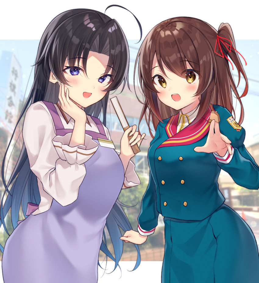 2girls :d ahoge bangs black_hair blue_shirt blue_sky blurry blurry_background blush breasts brown_eyes brown_hair closed_fan collared_shirt commentary_request copyright_request depth_of_field dress eyebrows_visible_through_hair fan folding_fan forehead gyozanuko hair_between_eyes hair_ribbon hands_up highres holding holding_fan juliet_sleeves long_hair long_sleeves looking_at_viewer medium_breasts multiple_girls one_side_up open_mouth parted_bangs puffy_sleeves purple_apron red_ribbon ribbon school_uniform shirt shougi_piece sky smile upper_teeth very_long_hair violet_eyes white_dress white_shirt