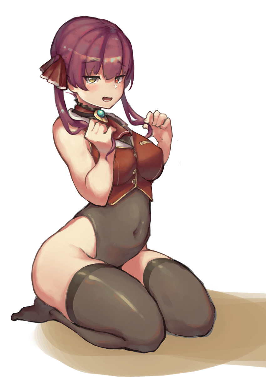 1girl absurdres ascot ass black_legwear breasts brooch commentary cropped_shirt driftingtiger hair_ribbon hands_up heterochromia highres hololive houshou_marine jewelry looking_at_viewer medium_breasts navel no_pants no_shoes open_mouth playing_with_own_hair red_eyes redhead ribbon seiza simple_background sitting solo thigh-highs thighs transparent_leotard twintails virtual_youtuber white_background yellow_eyes