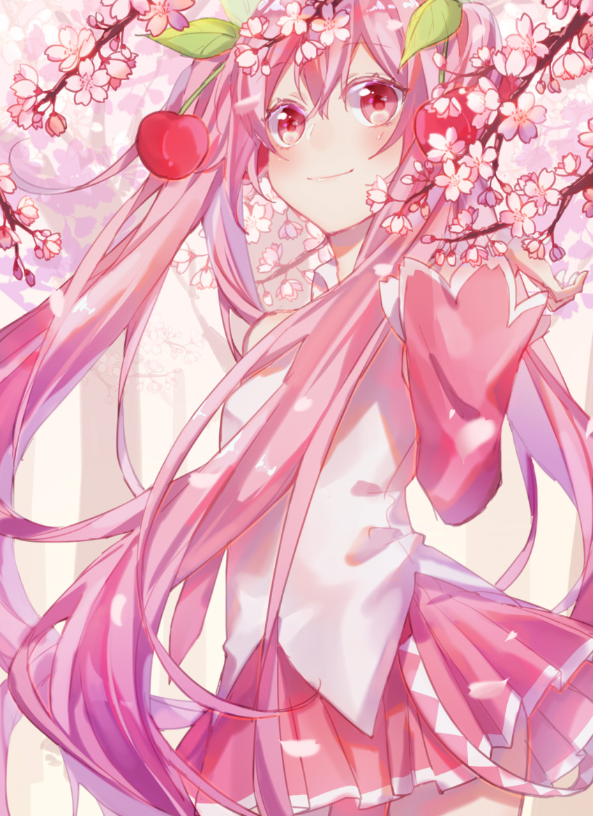 1girl bare_shoulders belt branch cherry_blossoms cherry_hair_ornament commentary cowboy_shot detached_sleeves flower food_themed_hair_ornament hair_ornament hand_up hatsune_miku highres long_hair miniskirt necktie pink_eyes pink_flower pink_hair pink_neckwear pink_skirt pleated_skirt sakura_miku shirt skirt sleeveless sleeveless_shirt smile solo tree tsukonin_p twintails very_long_hair vocaloid white_shirt