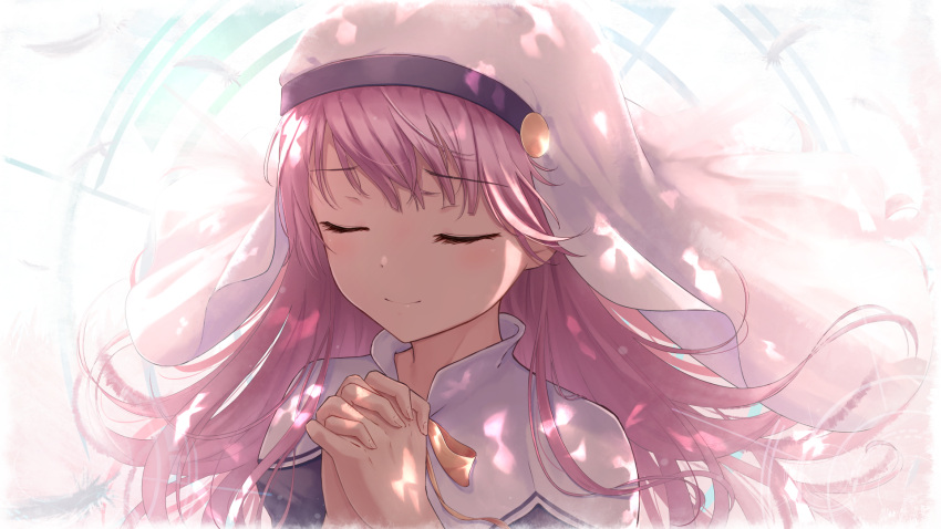 1girl bangs closed_eyes closed_mouth eyebrows_visible_through_hair falling_feathers habit hands_clasped highres interlocked_fingers kamisama_ni_natta_hi long_hair marinesnow nun own_hands_together pink_hair satou_hina_(kamisama_ni_natta_hi) smile veil white_background