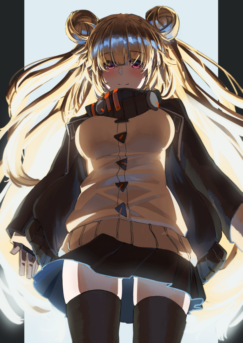 1girl absurdres asimo_(hakurei10201) blonde_hair blush breasts cardigan character_request double_bun girls_frontline highres large_breasts long_hair pink_eyes pleated_skirt skindentation skirt smile solo thigh-highs very_long_hair zettai_ryouiki