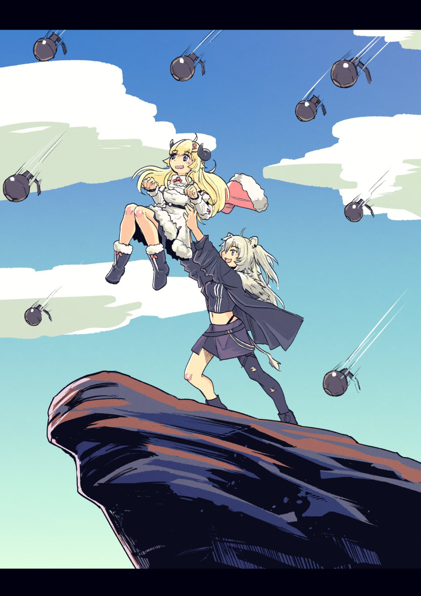 2girls ahoge animal_ears bangs blonde_hair blue_sky cape cliff clouds commentary_request day ear_clip explosive eyebrows_visible_through_hair grenade highres holding_another holding_up hololive horns lifting_another lion_ears lion_girl long_hair midriff multiple_girls navel outdoors parody sheep_girl sheep_horns shibe shishiro_botan silver_hair sky the_lion_king tsunomaki_watame very_long_hair virtual_youtuber