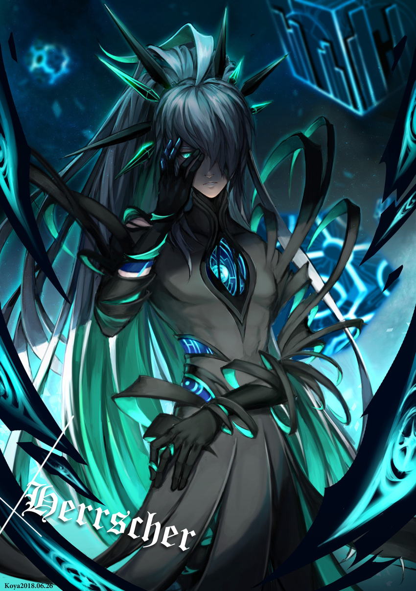 1boy ainchase_ishmael artist_name black_coat black_gloves blurry blurry_background character_name coat corruption cube depth_of_field detached_arm elsword expressionless floating floating_object gloves glowing green_eyes hair_over_one_eye hand_on_own_face herrscher_(elsword) high_ponytail highres koya10305 long_hair male_focus parted_lips sky solo star_(sky) starry_sky very_long_hair