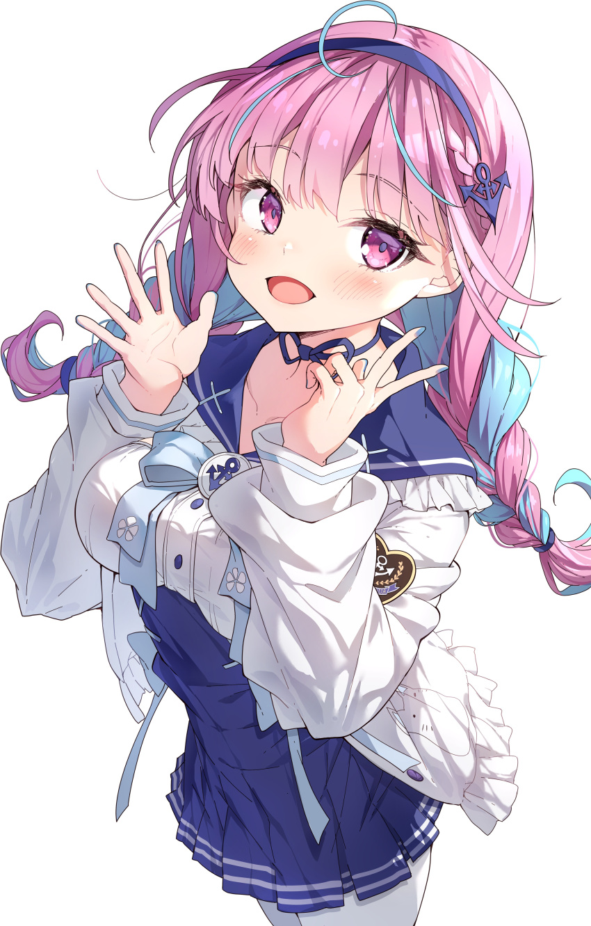 1girl :d absurdres bangs blue_bow blue_hair blue_hairband blue_nails blue_sailor_collar blue_skirt blush bow braid breasts darjeeling_(reley) eyebrows_visible_through_hair frilled_jacket frilled_sailor_collar frills hairband hands_up high-waist_skirt highres hololive jacket long_hair long_sleeves looking_at_viewer medium_breasts minato_aqua multicolored_hair nail_polish open_clothes open_jacket open_mouth pantyhose pleated_skirt puffy_long_sleeves puffy_sleeves purple_hair sailor_collar shirt skirt smile solo twin_braids twintails two-tone_hair v violet_eyes virtual_youtuber white_jacket white_legwear white_shirt