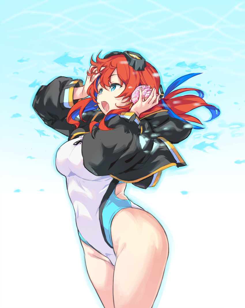 1girl black_jacket blue_eyes blue_hair breasts colored_inner_hair commentary_request competition_swimsuit conch cowboy_shot goggles goggles_on_head highres jacket kiyama_satoshi long_hair medium_breasts multicolored_hair one-piece_swimsuit open_mouth original redhead seashell shell shell_to_ear solo swimsuit two-tone_hair white_swimsuit
