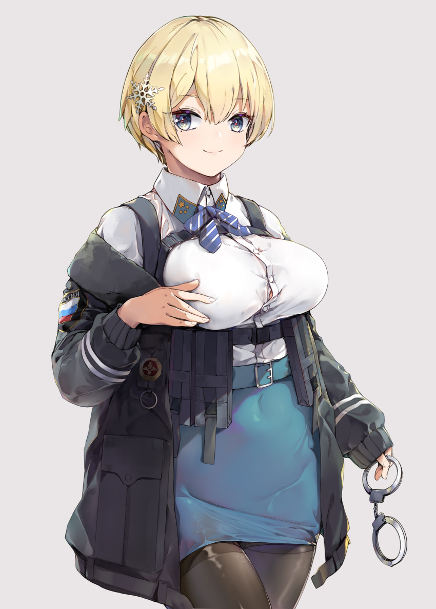 1girl absurdres bangs belt black_gloves black_jacket black_legwear blonde_hair blue_belt blue_eyes blue_neckwear blue_skirt breasts button_gap chinese_commentary collared_shirt commentary_request covered_navel cowboy_shot cuffs eyebrows_visible_through_hair framed_breasts girls_frontline gloves grey_background hair_between_eyes hair_ornament handcuffs highres holding_handcuffs jacket large_breasts lez long_sleeves looking_at_viewer magazine_(weapon) miniskirt mole mole_under_eye neck_ribbon off-shoulder_jacket open_clothes open_jacket pantyhose ribbon shirt shirt_tucked_in short_hair sidelocks simple_background skirt smile snap-fit_buckle snowflake_hair_ornament solo standing striped striped_neckwear thighband_pantyhose vsk-94_(girls_frontline) white_shirt
