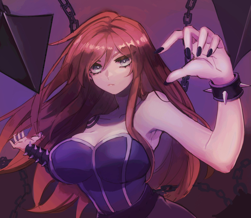1girl absurdres bare_shoulders belt black_nails blue_eyeshadow bracelet breasts chain closed_fan closed_mouth collarbone eyebrows_visible_through_hair eyes_visible_through_hair eyeshadow fan fingernails floating folding_fan hair_between_eyes highres jewelry league_of_legends long_hair makeup pentakill_(league_of_legends) pentakill_sona redhead shoulder_tattoo sketch solo sona_buvelle spiked_bracelet spikes tarou_(natyou) tattoo
