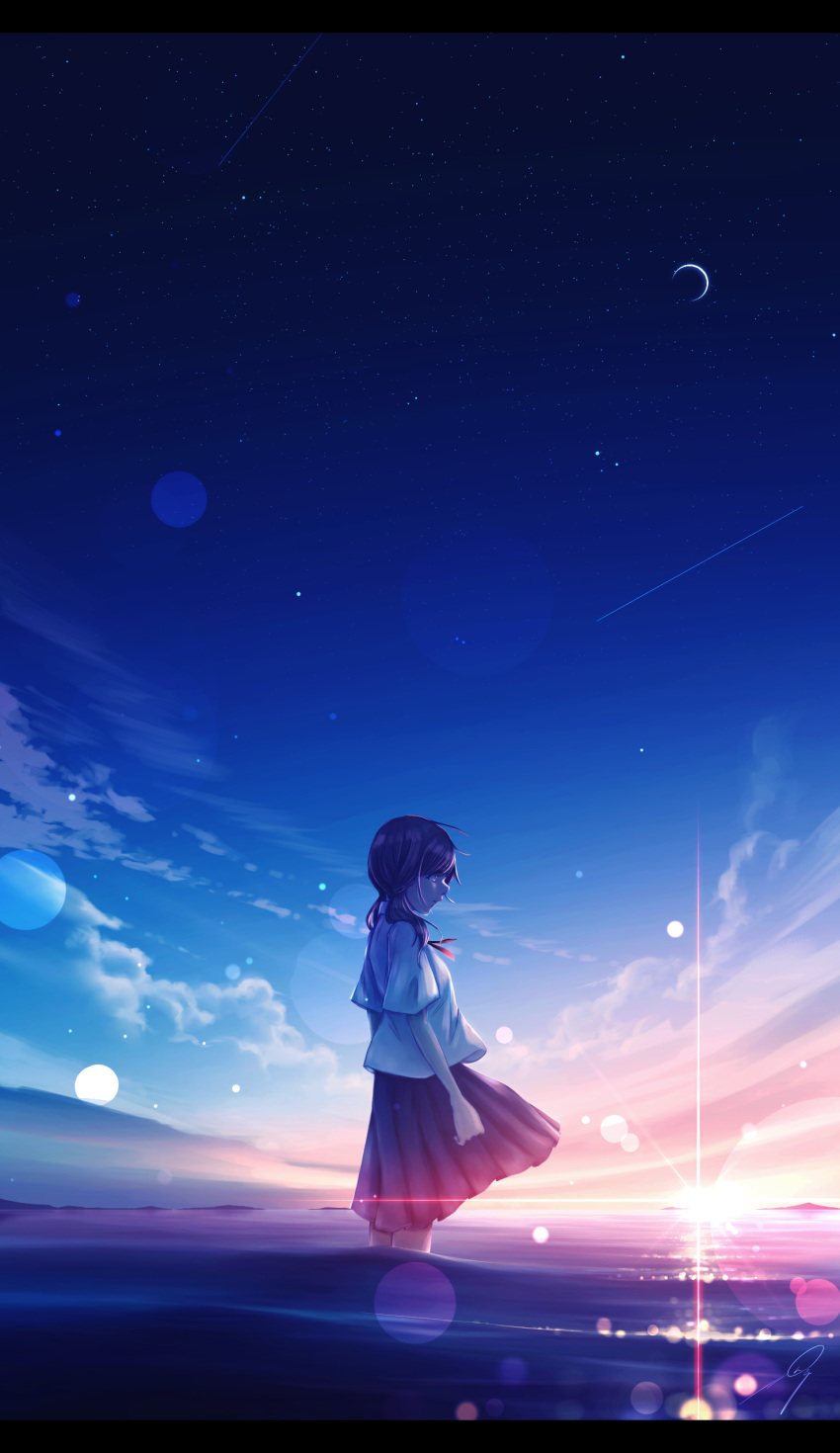 1girl absurdres blue_sky brown_hair clouds commentary_request crescent_moon day from_side highres kijineko lens_flare long_skirt low_twintails medium_hair moon ocean original pleated_skirt profile scenery shirt shooting_star short_sleeves skirt sky solo star_(sky) starry_sky twintails wading water white_shirt