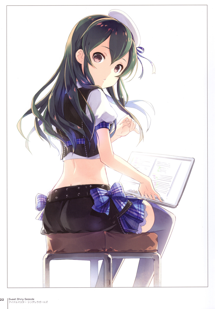 1girl absurdres belt beret black_vest blue_ribbon blue_skirt brown_eyes butt_crack chair computer crop_top from_behind h2so4 hat hat_ribbon highres idolmaster idolmaster_cinderella_girls laptop lavender_legwear long_hair looking_at_viewer looking_back ooishi_izumi open_mouth plaid plaid_skirt puffy_short_sleeves puffy_sleeves ribbon scan screen shirt short_sleeves sidelocks simple_background sitting skirt smile solo stool studded_belt tareme thigh-highs vest white_background white_headwear white_shirt zettai_ryouiki