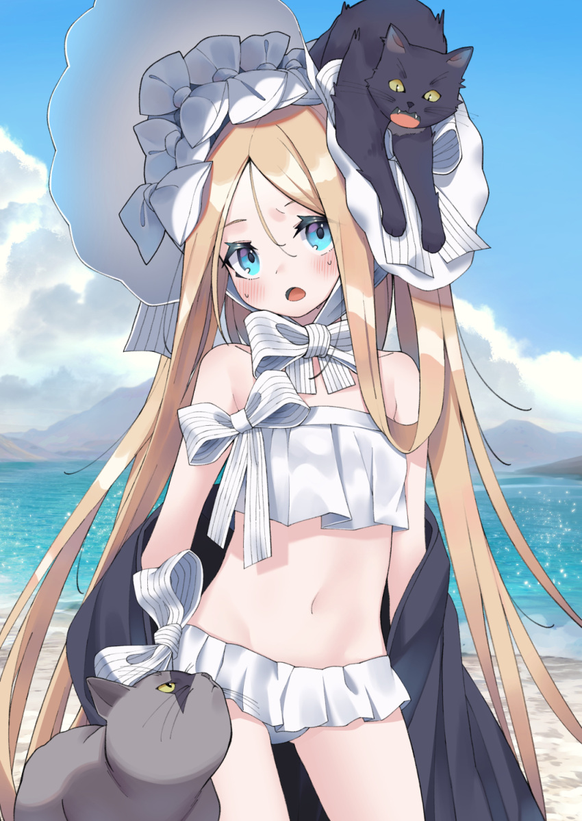 1girl abigail_williams_(fate/grand_order) abigail_williams_(swimsuit_foreigner)_(fate) bangs bare_shoulders beach bikini black_cat black_jacket blonde_hair blue_eyes blue_sky bonnet bow breasts cat fate/grand_order fate_(series) forehead hair_bow highres jacket long_hair miniskirt navel ocean off_shoulder open_clothes open_jacket open_mouth parted_bangs shore sidelocks skirt sky slumcat small_breasts swimsuit thighs twintails very_long_hair wet white_bikini white_bow white_headwear