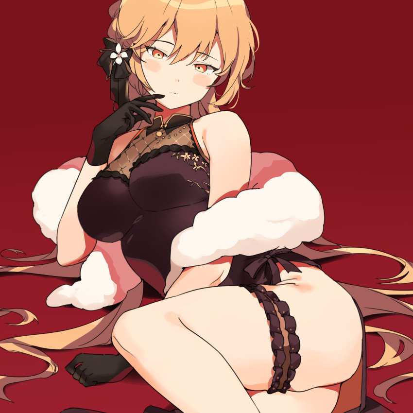 1girl black_gloves blonde_hair blush breasts expressionless garters girls_frontline gloves gogoco highres leg_garter long_hair looking_at_viewer lying medium_breasts navel on_side ots-14_(girls_frontline) red_background solo thighs very_long_hair yellow_eyes
