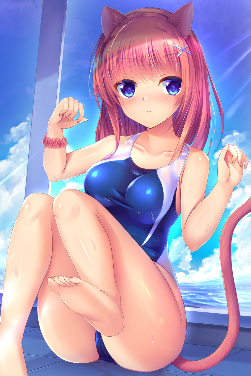 1girl absurdres animal_ears barefoot blue_eyes blue_sky breasts cat_ears cat_tail clouds collarbone competition_swimsuit day highres huge_filesize medium_breasts medium_hair one-piece_swimsuit original outdoors redhead sitting sky solo swimsuit tail umitonakai