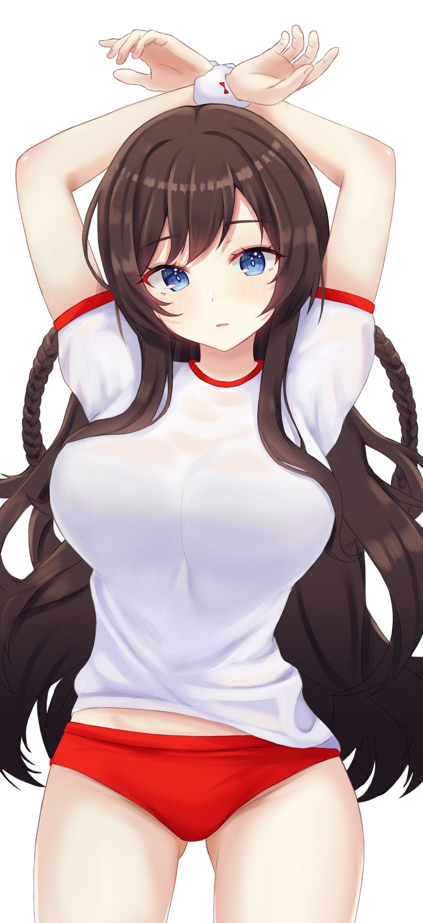 1girl absurdres arm_over_head arms_up ass_visible_through_thighs bangs blue_eyes breasts brown_hair buruma character_request commentary copyright_request cowboy_shot eyebrows_visible_through_hair gym_shirt gym_uniform highres kano_(wi3028) large_breasts long_hair looking_at_viewer parted_lips red_buruma red_shorts shirt short_sleeves shorts simple_background solo sportswear thighs white_background white_shirt wristband