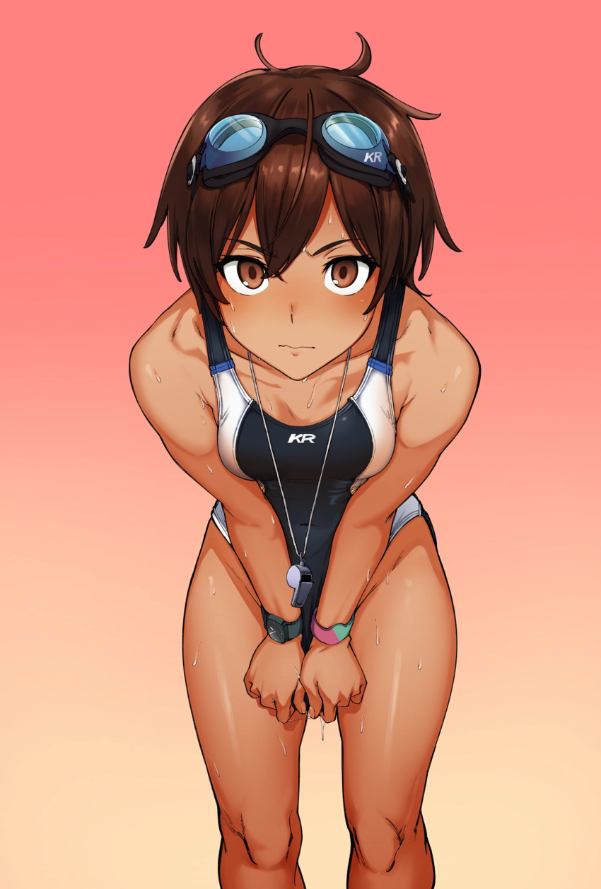 1girl breasts brown_eyes brown_hair dark_skin goggles goggles_on_head gradient gradient_background highres kr_ohoshisama looking_at_viewer original solo watch watch wet whistle