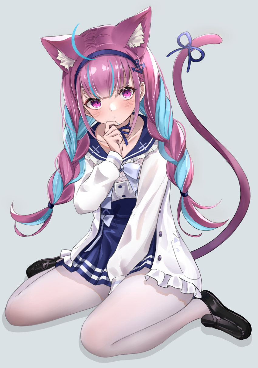 1girl absurdres ahoge anchor_hair_ornament animal_ear_fluff animal_ears arm_up bangs bell black_footwear black_legwear blue_hair blue_ribbon blue_skirt bow braid cat_ears cat_girl cat_tail eyebrows_visible_through_hair grey_background hair_ornament hand_on_own_chin headband higashigure highres hololive jacket loafers long_hair long_sleeves looking_at_viewer minato_aqua multicolored_hair neck_ribbon open_clothes open_jacket pleated_skirt purple_hair ribbon shirt shirt_tucked_in shoes simple_background sitting skirt solo striped tail tail_ribbon twin_braids two-tone_hair violet_eyes virtual_youtuber wariza white_bow white_jacket white_shirt