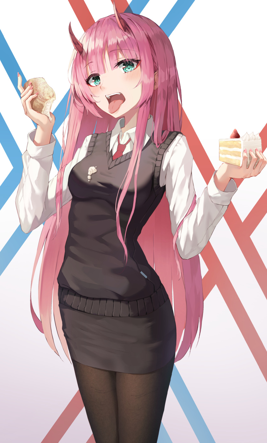 1girl absurdres bangs black_legwear black_skirt black_sweater breasts cake collared_shirt cowboy_shot darling_in_the_franxx doughnut dress_shirt eyebrows_visible_through_hair eyes_visible_through_hair fangs food food_on_clothes green_eyes highres horns kerno long_hair long_sleeves looking_at_viewer medium_breasts open_mouth pantyhose pencil_skirt pink_hair shirt sidelocks simple_background skirt solo strawberry_shortcake sweater sweater_vest tongue tongue_out uniform very_long_hair white_shirt zero_two_(darling_in_the_franxx)