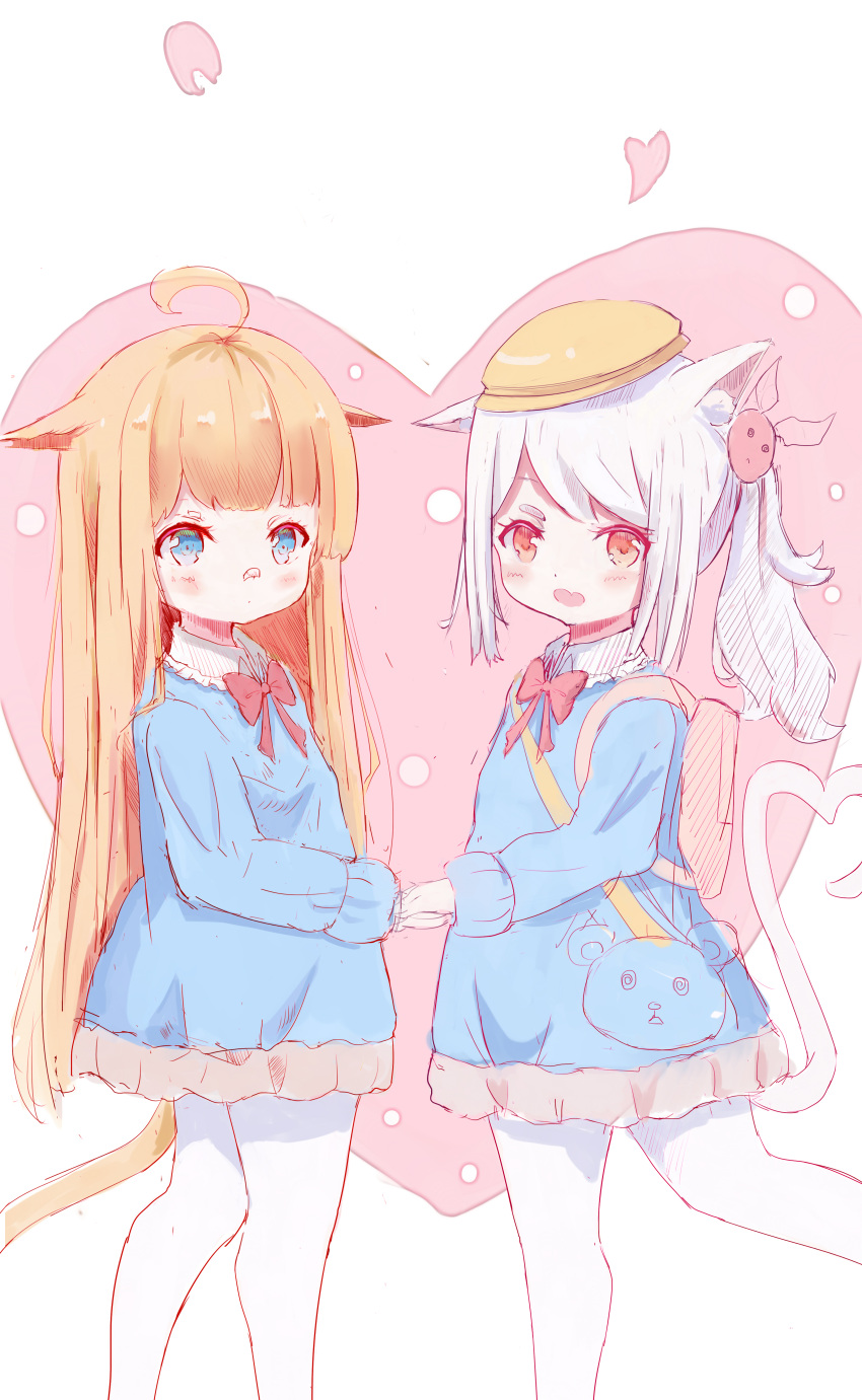 2girls absurdres ahoge ame_rain animal_ear_fluff animal_ears backpack bag bandaid bandaid_on_face bandaid_on_nose blue_eyes blue_shirt blush brown_hair cat_ears cat_tail cherry_blossoms child fang hair_ornament hat heart highres holding_hands kindergarten_uniform long_hair looking_at_viewer multiple_girls open_mouth original pantyhose petals pink_skirt ponytail red_eyes shirt silver_hair sketch skirt smile tail white_legwear yellow_headwear