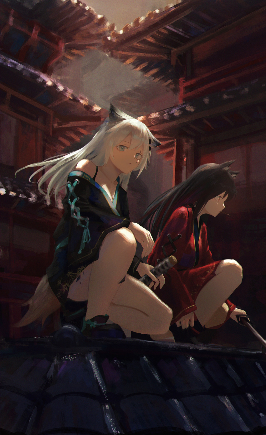 2girls 7ife absurdres alternate_costume animal_ears arknights bangs bare_shoulders black_footwear black_hair black_kimono bra_strap commentary highres huge_filesize japanese_clothes kimono lappland_(arknights) long_sleeves looking_at_viewer multiple_girls off_shoulder oripathy_lesion_(arknights) red_kimono shoes silver_hair texas_(arknights) wolf_ears