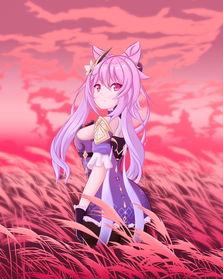 absurdres artfetish dress flower genshin_impact gloves heart heart-shaped_pupils highres keqing_(genshin_impact) looking_at_viewer md5_mismatch resolution_mismatch source_smaller sunset symbol-shaped_pupils tall_grass twintails