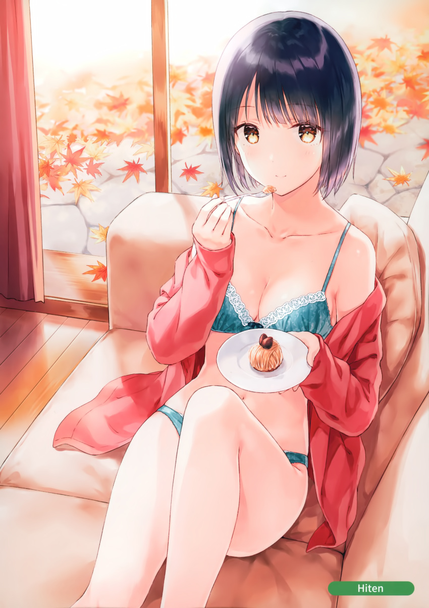1girl absurdres aqua_bra aqua_pants artist_name autumn autumn_leaves bangs bare_legs bare_shoulders blush bra breasts closed_mouth collarbone couch curtains eyebrows_visible_through_hair feet_out_of_frame food fork highres hiten_(hitenkei) holding holding_fork holding_plate indoors jacket knee_up lace-trimmed_bra lace_trim long_sleeves looking_at_viewer lying medium_breasts melonbooks navel off_shoulder on_back on_couch open_clothes open_jacket original pillow plate purple_hair red_jacket scan smile solo sweets underwear wooden_floor yellow_eyes
