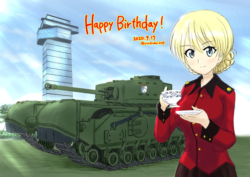 1girl absurdres bangs black_skirt blonde_hair blue_eyes braid churchill_(tank) closed_mouth commentary_request cup darjeeling_(girls_und_panzer) dated day emblem english_text epaulettes eyebrows_visible_through_hair girls_und_panzer ground_vehicle happy_birthday highres holding holding_cup holding_saucer huge_filesize jacket long_sleeves looking_at_viewer military military_uniform military_vehicle motor_vehicle ooarai_(ibaraki) ooarai_marine_tower outdoors partial_commentary pleated_skirt red_jacket saucer short_hair skirt smile solo st._gloriana's_(emblem) st._gloriana's_military_uniform standing tank teacup tied_hair twin_braids uniform yontouhei2019
