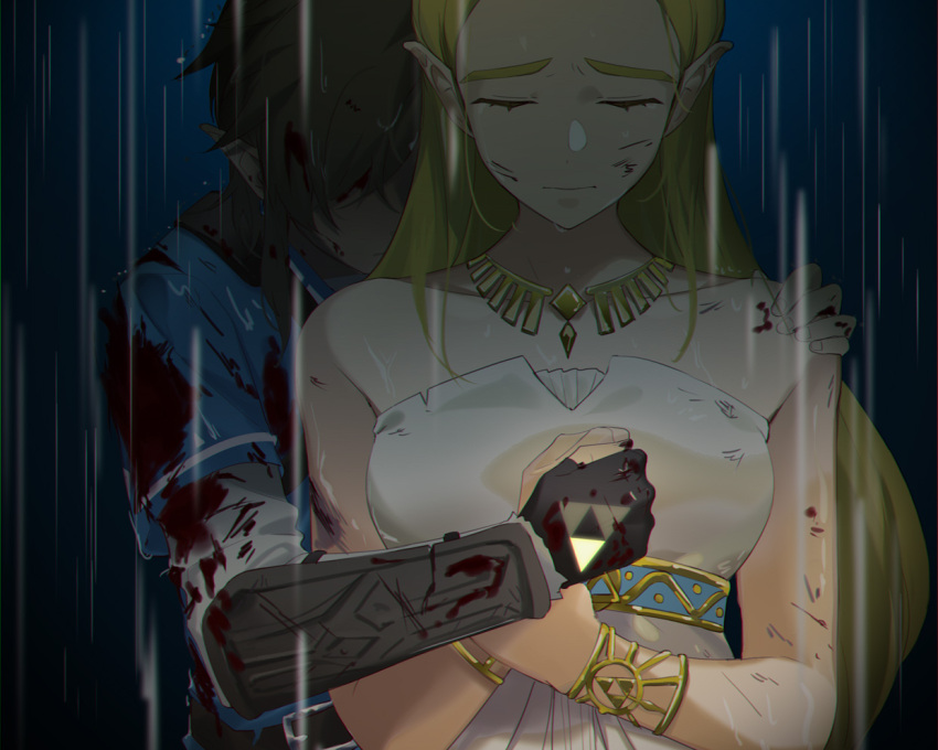 1boy 1girl bangs bare_shoulders black_gloves blonde_hair blood blood_on_face blue_shirt bracelet closed_eyes collarbone commentary_request dress earrings gloves hug hug_from_behind injury jewelry link long_hair necklace pointy_ears princess_zelda rain shirt short_sleeves strapless the_legend_of_zelda the_legend_of_zelda:_breath_of_the_wild triforce werlosk wet white_dress