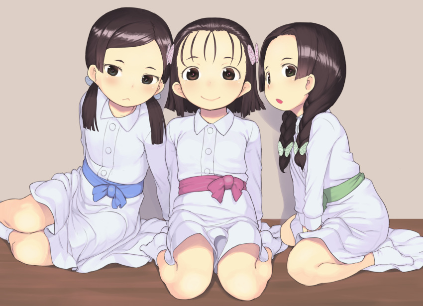 3girls :&gt; :&lt; :o absurdres arm_rest bangs between_legs blue_bow blue_ribbon blue_sash bow braid brown_hair butterfly_hair_ornament collared_dress commentary_request full_body green_bow green_ribbon green_sash hair_ornament hand_between_legs highres indoors kawamura_tenmei kimetsu_no_yaiba long_hair long_sleeves looking_at_viewer low_twintails multiple_girls nakahara_sumi parted_bangs pink_bow pink_ribbon pink_sash ribbon sash seiza short_hair sitting smile socks swept_bangs takada_naho terauchi_kiyo twin_braids twintails v_arms white_legwear wide_sleeves wing_collar yokozuwari