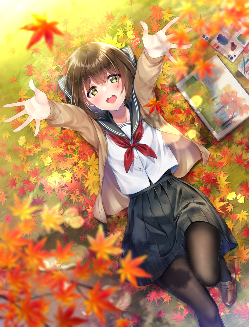 1girl amagi_shino autumn autumn_leaves bangs beige_cardigan black_legwear black_skirt blurry_foreground brown_footwear brown_hair cardigan green_eyes hair_between_eyes highres knee_up leaf loafers looking_at_viewer lying maple_leaf neckerchief on_back open_cardigan open_clothes open_mouth original outstretched_arms outstretched_hand paint paintbrush painting pantyhose pleated_skirt red_neckwear sailor_collar school_uniform serafuku shirt shoes short_hair signature sketchbook skirt smile solo white_shirt