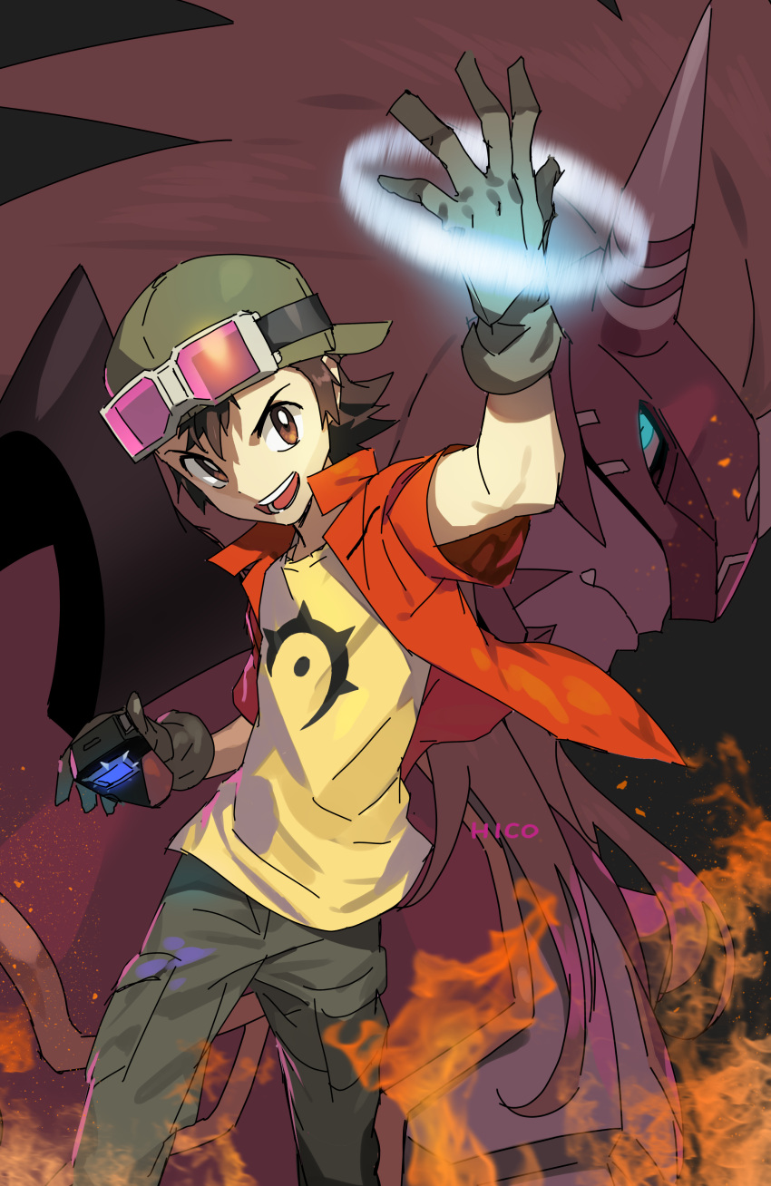 1boy absurdres agnimon blue_eyes blue_pupils brown_eyes brown_gloves brown_hair closed_mouth digimon digimon_frontier fang fire gloves glowing glowing_eye goggles goggles_on_headwear hat hico highres holding horned_mask horns jacket kanbara_takuya long_hair male_focus mask open_clothes open_jacket open_mouth pink-tinted_eyewear red_jacket red_theme shirt signature slit_pupils smile solo teeth tongue yellow_shirt