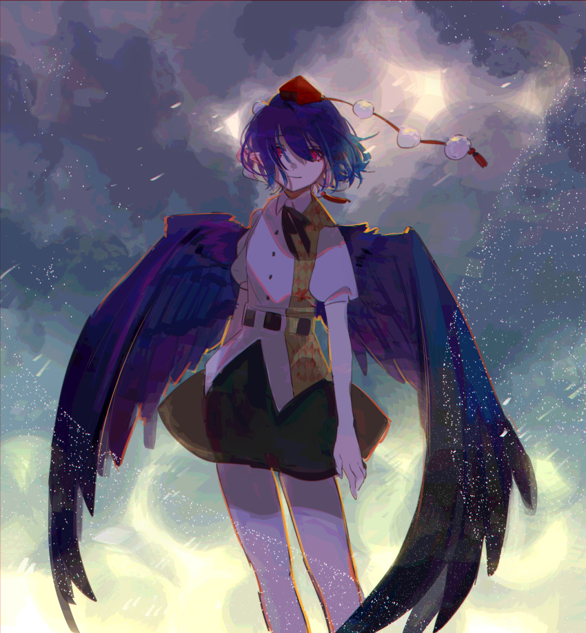 absurdres black_hair black_neckwear black_skirt black_wings clouds cloudy_sky commentary_request feathered_wings feet_out_of_frame hat highres huge_filesize looking_at_viewer neck_ribbon pom_pom_(clothes) red_eyes red_headwear ribbon shameimaru_aya shi_chimi shirt short_hair short_sleeves skirt sky smile solo tokin_hat touhou white_shirt wind wings
