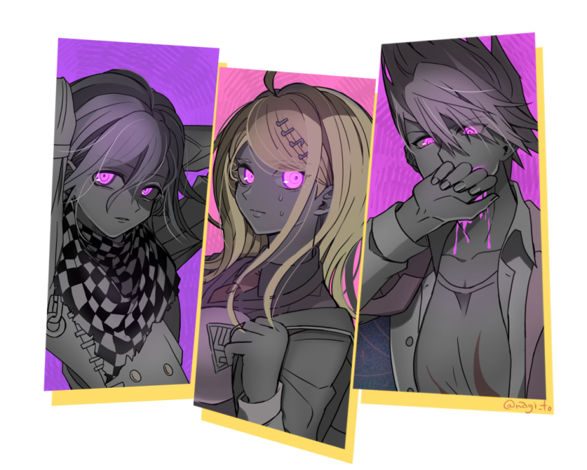 1girl 2boys ahoge akamatsu_kaede artist_name bangs blonde_hair blood blood_from_mouth breasts checkered checkered_scarf collarbone commentary_request covering_mouth dangan_ronpa glowing glowing_eyes hair_between_eyes hair_ornament large_breasts looking_at_viewer momota_kaito multiple_boys musical_note musical_note_hair_ornament nagi_to_(kennkenn) new_dangan_ronpa_v3 open_clothes open_shirt ouma_kokichi pink_background pink_blood pink_eyes scarf shirt spiky_hair spot_color white_background