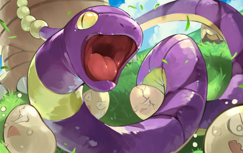 clouds commentary_request cracked day ekans exeggcute exeggutor gen_1_pokemon grass highres no_humans open_mouth outdoors pokemon pokemon_(creature) scared sky snake sweat tapioka_chaso tongue yellow_eyes