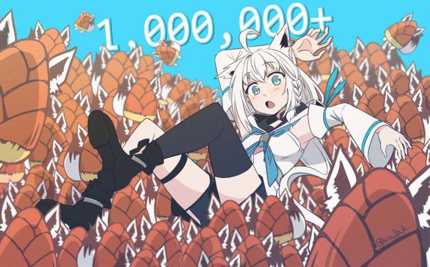 1girl ahoge animal_ears aqua_eyes asymmetrical_legwear bamboo_shoot black_shorts blue_background braid detached_sleeves followers fox_ears fox_tail full_body highres hololive hood kj_(kusojack) long_hair oruyanke_(shirakami_fubuki) sailor_collar shirakami_fubuki shirt shoes shorts solo tail thigh_strap white_hair white_shirt