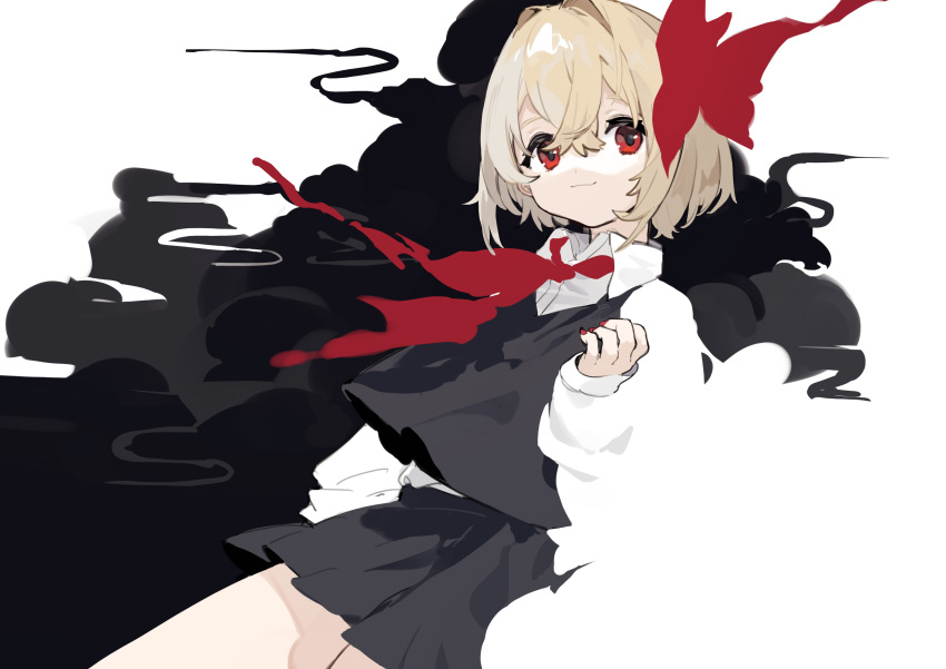 1girl absurdres black_skirt black_vest blending blonde_hair clouds commentary darkness hair_between_eyes hair_ribbon hand_up highres long_sleeves looking_at_viewer nail_polish red_eyes red_nails red_neckwear red_ribbon ribbon rumia sh_(562835932) shirt short_hair skirt smile touhou upper_body vest white_background white_shirt