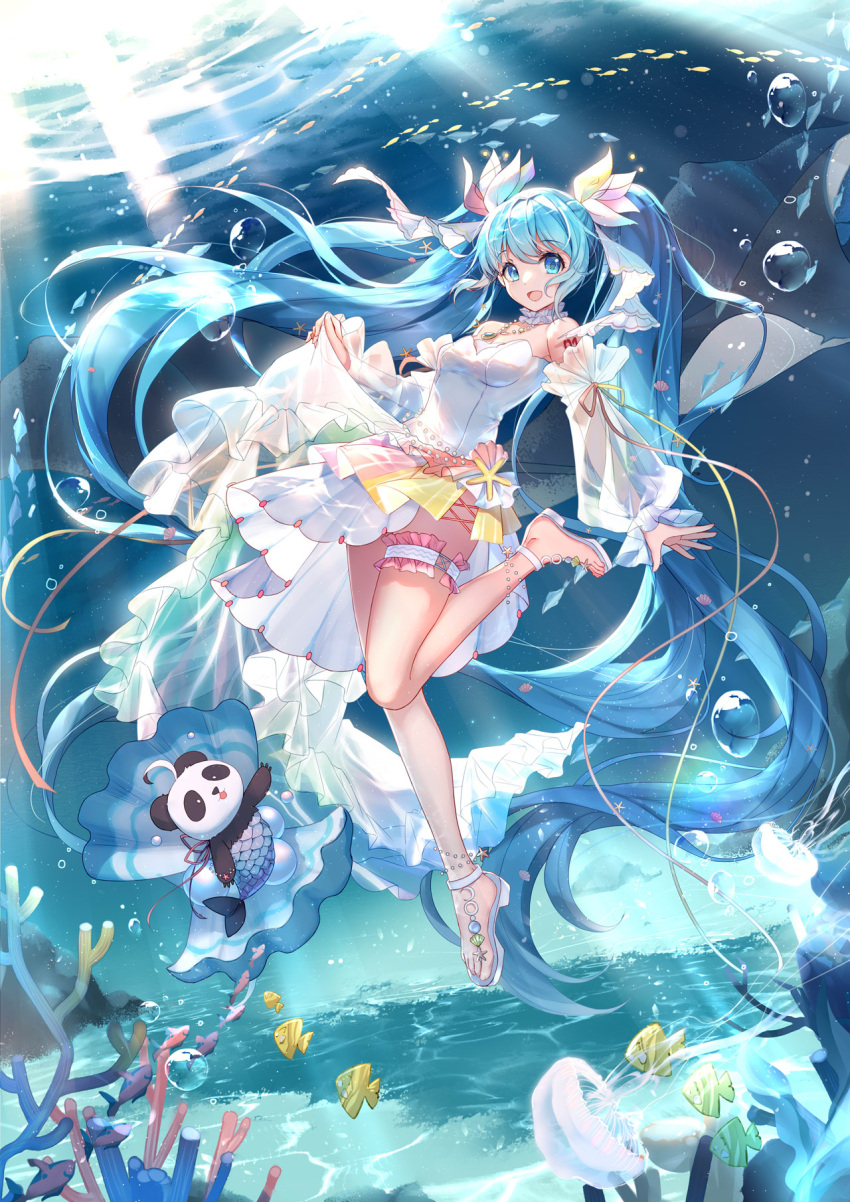1girl :d air_bubble barefoot bison_cangshu blue_eyes blue_hair breasts bubble clam_shell commentary_request coral detached_sleeves dress fish frills full_body hair_ornament hatsune_miku high_heels highres jewelry light_rays long_hair looking_at_viewer mermaid_costume necklace open_mouth panda pearl_(gemstone) see-through see-through_sleeves smile submerged thigh_strap twintails underwater very_long_hair vocaloid water