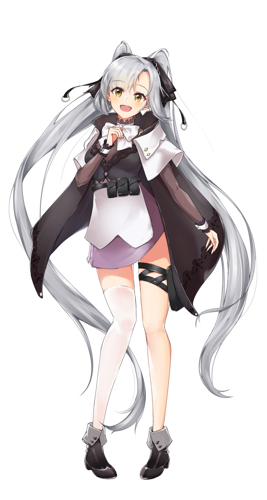 1girl absurdres asymmetrical_legwear aug_para_(girls_frontline) boots bow bowtie cape choker dress girls_frontline hair_ribbon hand_on_own_chest highres long_hair looking_at_viewer open_mouth ribbon saett silver_hair skindentation solo thigh_pouch twintails very_long_hair white_background yellow_eyes