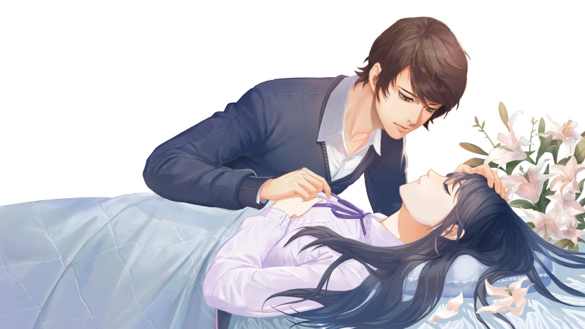 1boy 1girl absurdres black_hair brown_eyes brown_hair closed_eyes dong_wensen flower hand_on_another's_head highres long_sleeves looking_at_another lying on_back original pillow shirt sweater under_covers white_background white_shirt