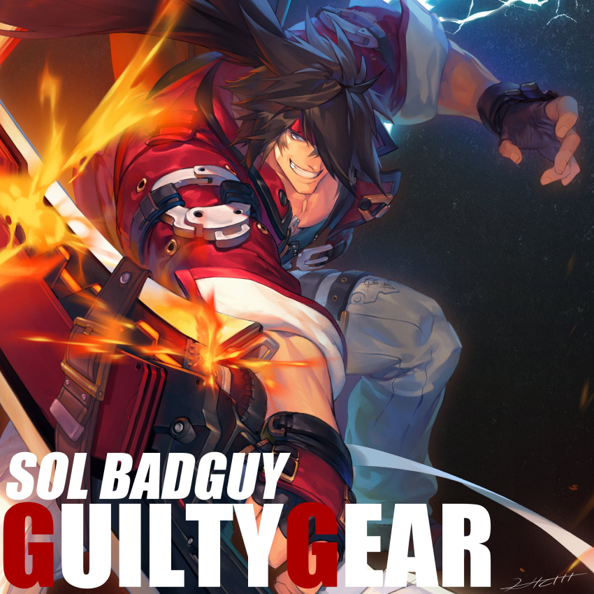 1boy absurdres belt brown_eyes brown_hair copyright_name fire guilty_gear guilty_gear_strive headband hichi highres holding holding_weapon jacket lightning long_hair looking_at_viewer male_focus muscle ponytail red_jacket signature smile sol_badguy solo sword weapon