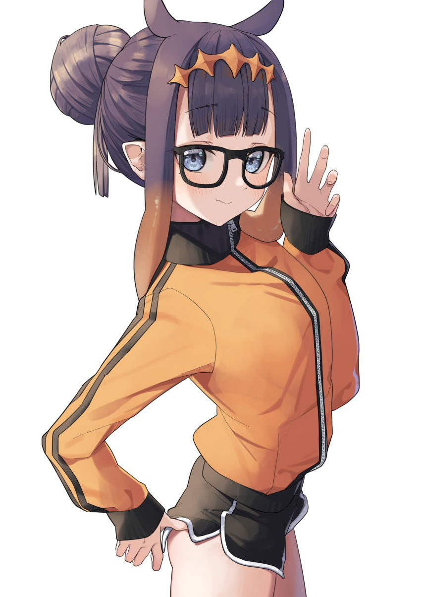 1girl absurdres bangs blush commentary_request fang glasses hair_bun highres hololive hololive_english jacket ninomae_ina'nis purple_hair short_hair shorts sidelocks simple_background skin_fang smile solo syhan tentacle_hair virtual_youtuber white_background yellow_jacket zipper zipper_pull_tab