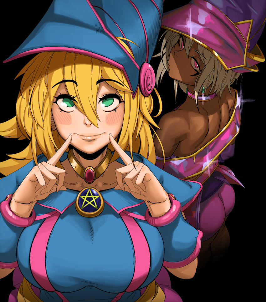 2girls absurdres apprentice_illusion_magician ass bare_shoulders blonde_hair blush_stickers bracer breasts choker commentary dark_magician_girl dark_skin duel_monster eyebrows_visible_through_hair fingersmile from_behind green_eyes grey_hair hair_between_eyes hat highres jewelry kevbot lips long_hair looking_at_viewer looking_back multiple_girls off_shoulder pink_eyes short_hair smile upper_body wizard_hat yu-gi-oh!