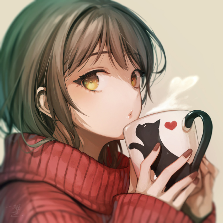 1girl bangs black_cat blowing blurry brown_nails cat coffee_mug commentary_request cup depth_of_field eyebrows_visible_through_hair fingernails green_hair heart highres long_fingernails long_sleeves looking_at_viewer mug nail_polish okeno_kamoku original parted_lips pink_lips red_sweater short_hair simple_background sleeves_past_wrists steam sweater turtleneck turtleneck_sweater upper_body yellow_background yellow_eyes