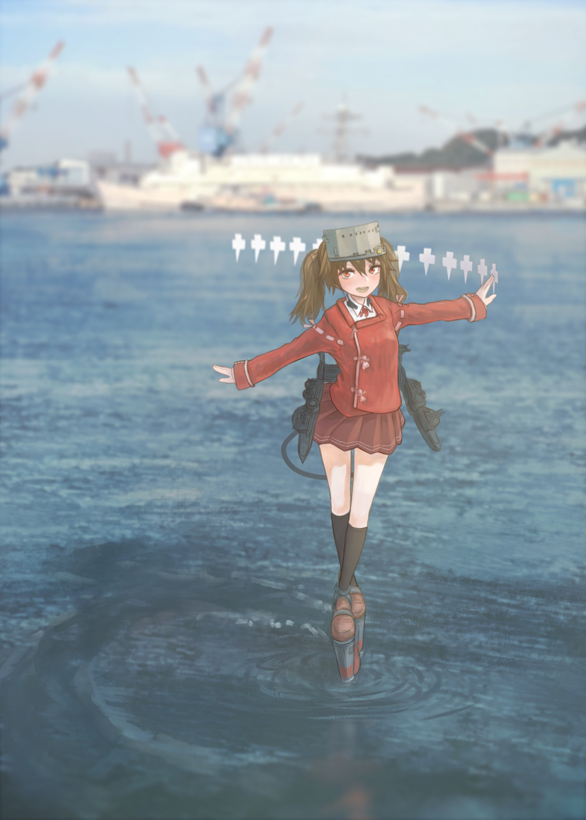 1girl bangs blue_sky blurry blurry_background brown_footwear brown_hair brown_skirt clouds cloudy_sky collar day depth_of_field double_horizontal_stripe highres jacket kantai_collection long_hair long_sleeves looking_at_viewer miniskirt neck_ribbon nito_(nshtntr) onmyouji open_mouth outdoors outstretched_arms photo_background platform_footwear pleated_skirt print_skirt red_jacket red_neckwear ribbon rigging ryuujou_(kantai_collection) shikigami shirt skirt sky smile socks solo spread_arms standing standing_on_liquid twintails visor_cap water white_legwear white_shirt