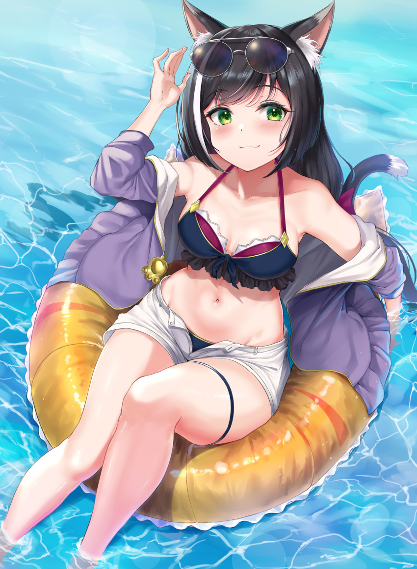 1girl absurdres animal_ear_fluff animal_ears arm_up bare_legs bare_shoulders bikini black_bikini black_hair breasts cat_ears cat_girl cat_tail caustics collarbone eyewear_on_head frilled_bikini frills green_eyes halterneck highres innertube jacket karyl_(princess_connect!) long_hair long_sleeves looking_at_viewer medium_breasts multicolored_hair navel off_shoulder open_clothes open_fly open_jacket princess_connect! princess_connect!_re:dive purple_jacket rama_(yu-light8) short_shorts shorts smile solo stomach streaked_hair sunglasses swimsuit tail thigh_strap water white_shorts